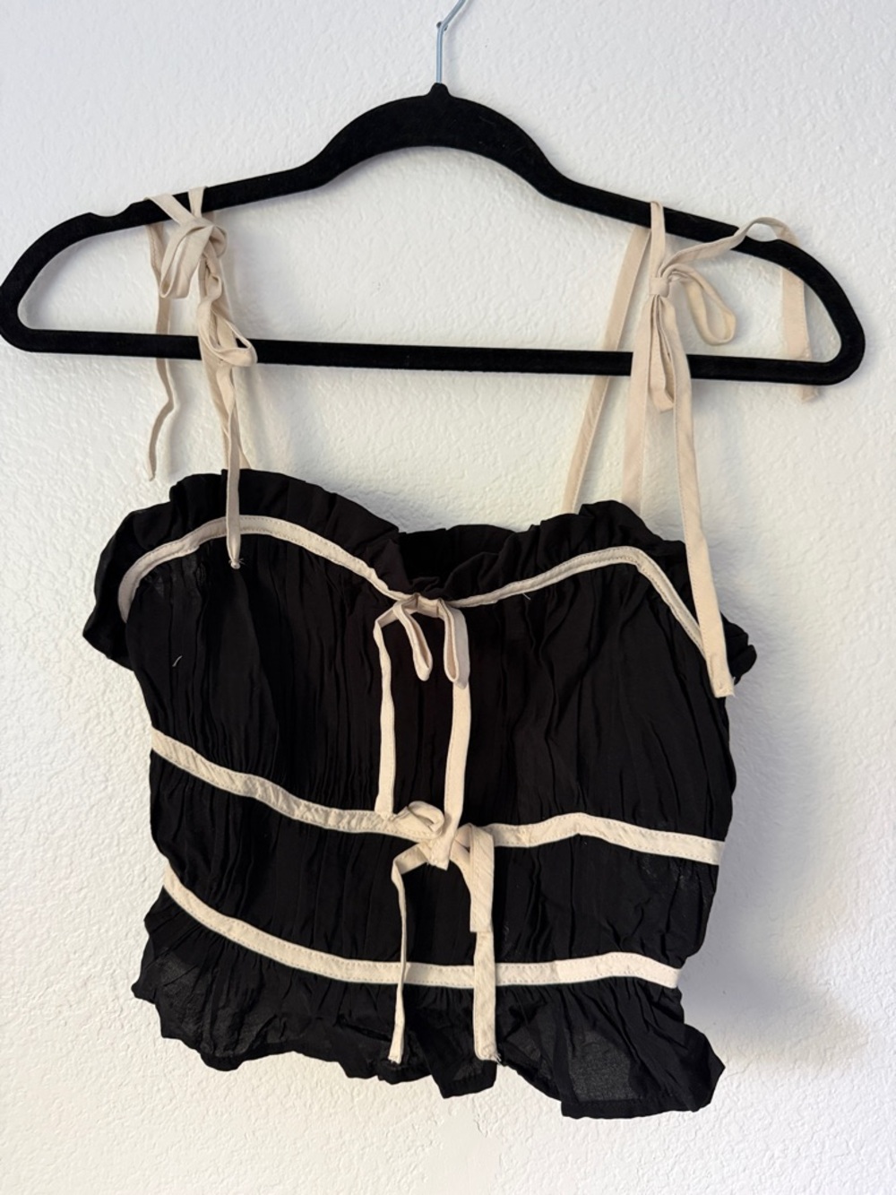 Black Tie-Shoulder Ruffle Crop Top with Cream Trim